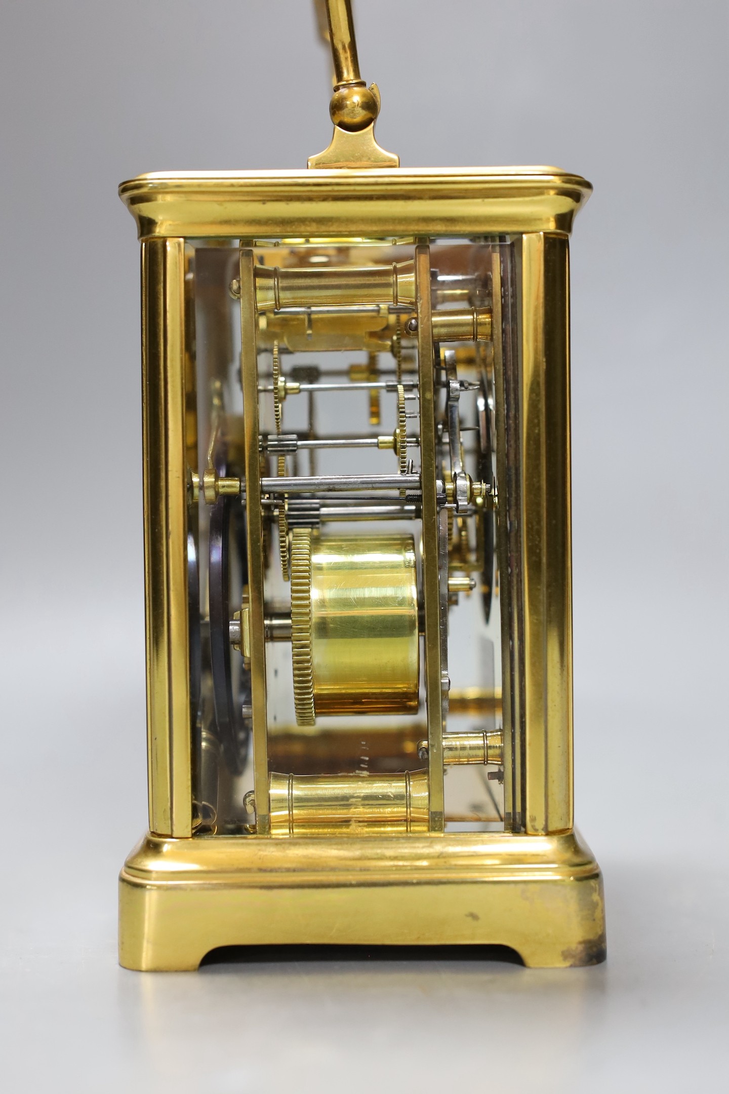 A French brass repeating carriage clock. 18cm tall